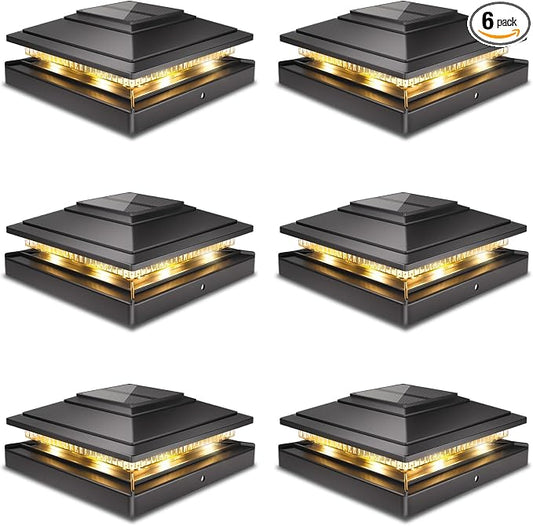 Post Caps Lights Outdoor 6pack, Waterproof Fence Post Solar Lights for 4x4 5x5 6x6 Wood/Vinyl Posts, Black Solar Deck Post Lights with 2 Color Modes Decorate Garden Patio Porch Backyard