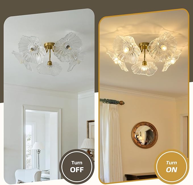 Flower Glass 5 Lights Ceiling Light - Gold Vintage Floral Semi Flush Mount Chandelier Lightin Fixture - Mid Century Modern Art Deco Lamp for Bedroom Bathroom Hallway Hall Laundry Kitchen Dining Room
