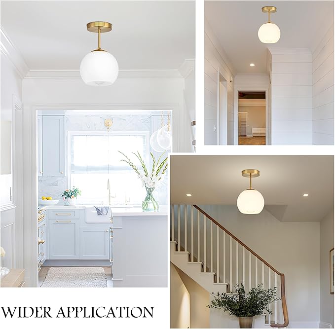 Gold Semi Flush Mount Ceiling Light Fixture Milk Glass Light Fixture Mid Century Flush Mount Ceiling Lights Brass Flush Mount Ceiling Schoolhouse Lights for Dining Room(Bulb Incl.)