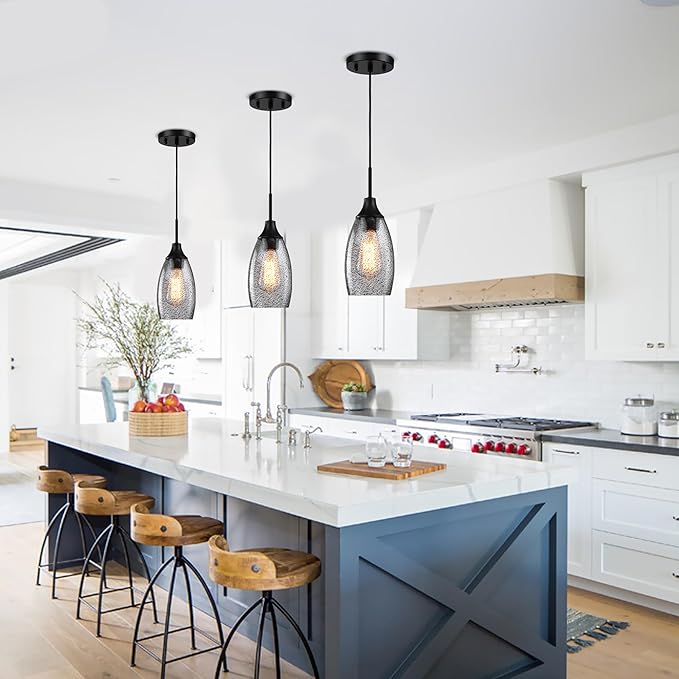 Viinew Mini Glass Pendant Light,4.72" Black Glass Hanging Light 3-Pack Handblown Clear Black Seeded Shade Adjustable Cord Ceiling Light Fixture for Kitchen Island Sink