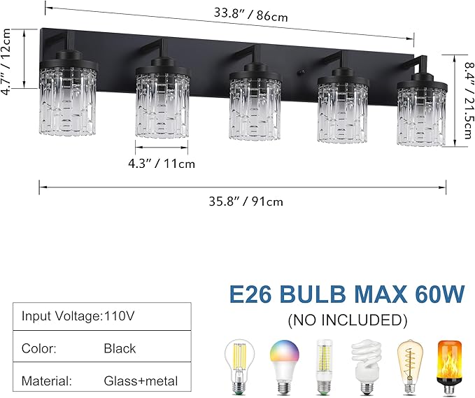Black Vanity Light, 5 Light Crystal Modern Farmhouse Bathroom Lights, with Clear Glass Shade, Rustic Bathroom Light Fixtures, Black Bathrooms Wall Light Over Mirror for Living Room, Bedroom, Hallway