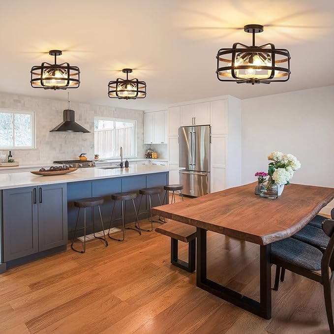17.71'' Farmhouse Cage Semi Flush Mount Ceiling Light Fixture 4-Light Rustic Metal Ceiling Lighting Industrial Light Fixtures Vintage Ceiling Mount Black Chandeliers for Dining Room Kitchen Foyer E26