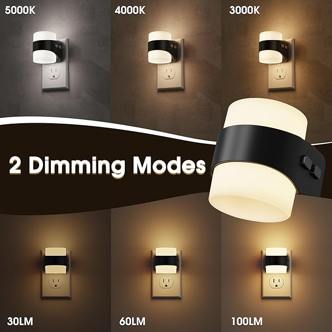 Briignite Night Light, Night Lights Plug into Wall, LED Nightlight for Kids & Adults, 3CCT Adjustable 3000K/4000K/5000K Color, Dusk to Dawn Sensor, 3 Brightness Levels, 2 Pack