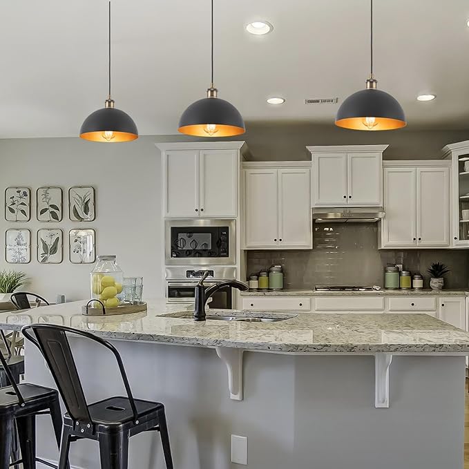 9.84" Modern Industrial Black Pendant Lights Farmhouse Dome Black Gold Pendant Lighting Fixture Vintage Golden Pendant Light for Kitchen, Dining Room, Bedroom, Hallway, Living Room, Set of 3