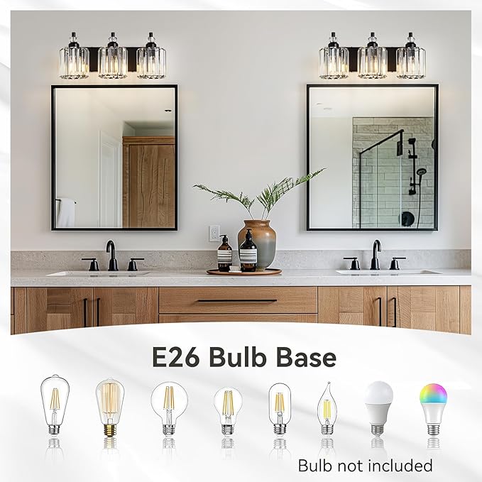 3-Light Black Bathroom Light Fixtures Over Mirror Modern Vanity Lights Crystal Wall Sconce Vintage Bathroom Lighting with Crystal Shade E26 Base for Bedroom, Living Room, Hallway