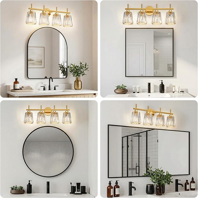 Crystal Bathroom Light Fixtures Over Mirror, Gold 4-Light Bathroom Vanity Lights Over Mirror Modern Wall Lighting Sconces with Ceramic E26 Base (Bulbs Not Include)