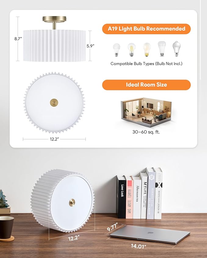 VONLUCE Semi Flush Mount Ceiling Light, 12.2" Ceiling Light Fixture with Pleated Shade, 2-Light Modern Drum Light Fixture for Bedroom Living Room Entryway Hallway, White Shade & Bronze Finish