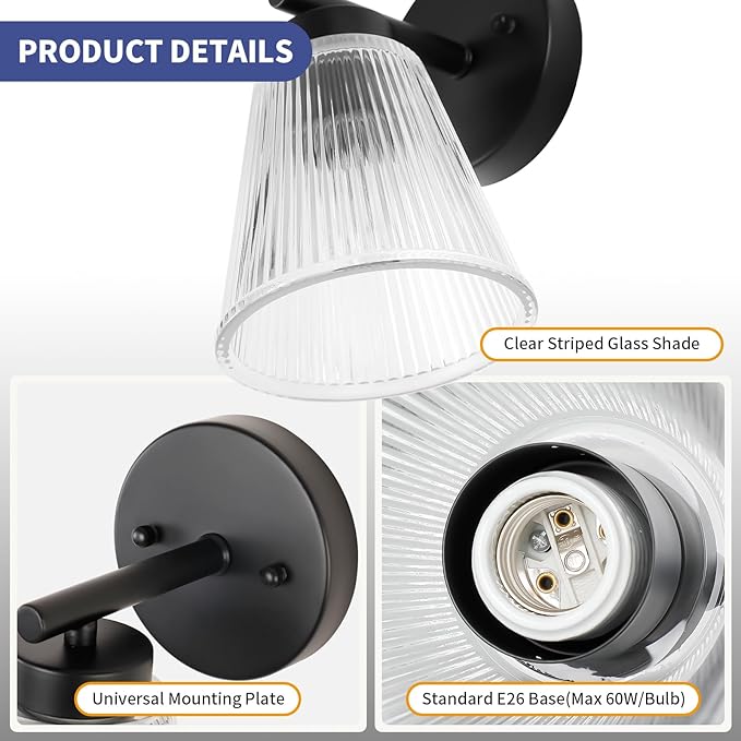OCIOC Set of 2 Wall Sconces for Bathroom, Black Modern Vanity Light Fixtures with Striped Glass Shade, Mount Lighting Lanterns for Mirror, Living Room, Bedroom, Hallway, Farmhouse