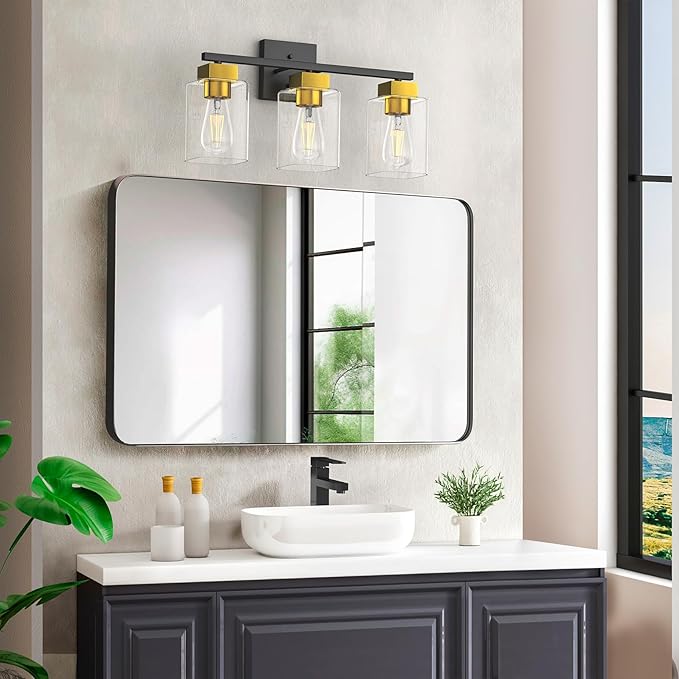 Black and Brushed Gold Bathroom Vanity Light, 3-Light Vanity Lighting fixtures Over Mirror, Square Design & UL Certification, Wall Sconces with Clear Glass Shades, E26 Socket (Bulbs Not Included)