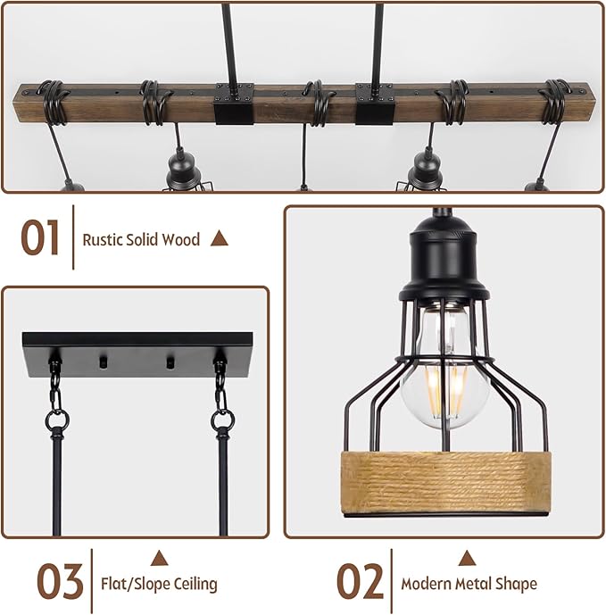 5-Light Dining Room Light Fixture, Rustic Solid Wood Over Table Chandelier, Black Metal Lampshade, Linear Island Light Fixture, 38 Inches x 5.5 Inches x 63 Inches