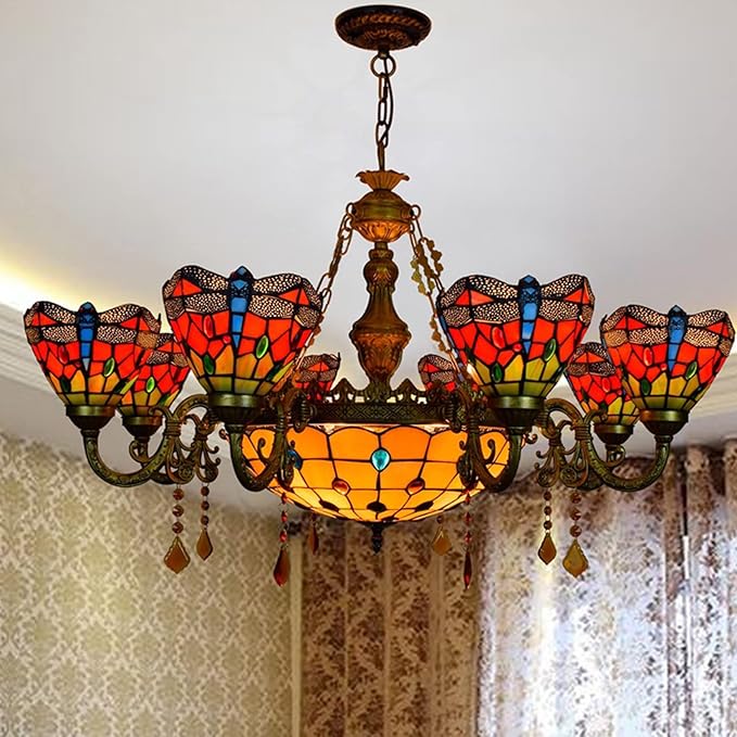 Tiffany-Style Victorian 6-Light Parrot Chandelier, European Red Dragonfly Stained Glass Multi-Head Pendant Lamp Fixture Ceiling Hang Light for Living Room Villa Dining Room,Dragonfly