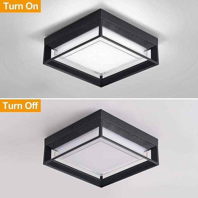 Square Flush Mount Outdoor LED Ceiling Light Fixture, 120V 24W 6000K Whitelight 9 inch Medium Overhead Porch Patio Balcony Lights Ceiling Mounted, Waterproof Suitable for Wet Areas, Black