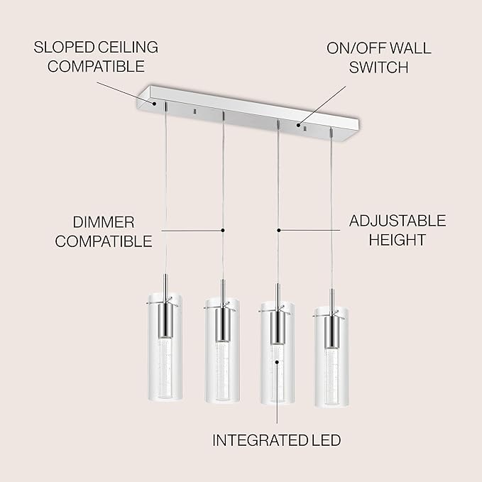 JONATHAN Y 29.5" Chrome 4-Light Modern Integrated LED Linear Pendant Light, Clear Glass Shades, Glam Chandelier for Kitchen Island and Dining Room, Dimmable, Adjustable Height (JYL1706A)