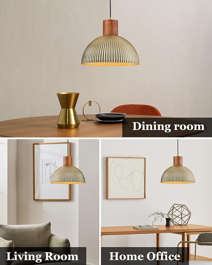 ELYONA Vintage Ash Wood Dome Pendant Light 12" Hanging Lamp with Brushed Brass Metal Shade & Gold Inner Finish, Modern Pendant Light Fixtures for Kitchen Island Dining Room Bedroom Living Room Hallway