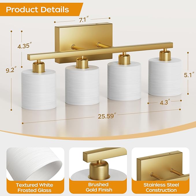 PARTPHONER Bathroom Light Fixtures, Bathroom Lighting Fixtures Over Mirror, Interior Classic Vanity Lights, Modern Vanity Light with Textured White Glass Shade, Brushed Gold, 4-Light