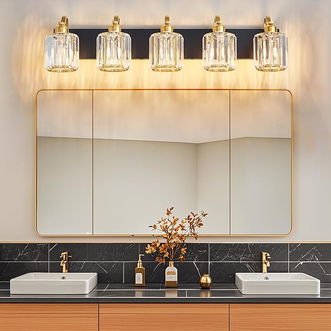 Black Gold Crystal Vanity Light Over Mirror 5 Lights Bathroom Wall Lighting Fixture with Round Shade (Exclude Bulb)