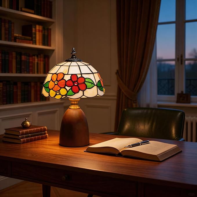12.2" Tiffany Style Lamp, Handcrafted Stained Glass Sunflower Table Lamp with Spherical Solid Wood Base, 3-Color Dimmable Bedside Lamp for Nightstand & Bedroom, Vintage Aesthetic Accent Light