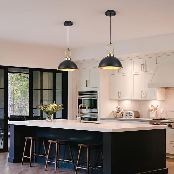 Black Pendant Lights Kitchen Island, 10.2 Inch Dome Black and Gold Pendant Lights, Vintage Metal Industrial modern Farmhouse Pendant Light Fixture Hanging Lights for Dining Room, Cafe, Bar, 2 Pack