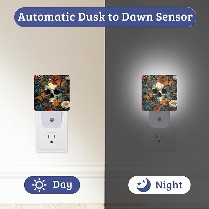 Skull Flowers Night Light, Plug-into Wall Nightlight Lamp with Dusk to Dawn Sensor, Led Lamp 0.5W Energy Efficient for Boys Girls Women Men Gifts, Home Decorative