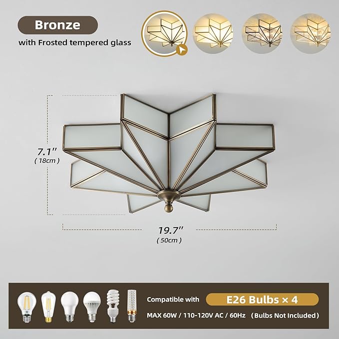 Star Vintage Bronze Ceiling Light - 19.7 Inch Large Milk Glass Antique Flush Mount Fixture - Mid Century Black Art Deco Lighting for Kitchen Hallway Bedroom Bathroom Laundry Entryway Farmhouse Hall