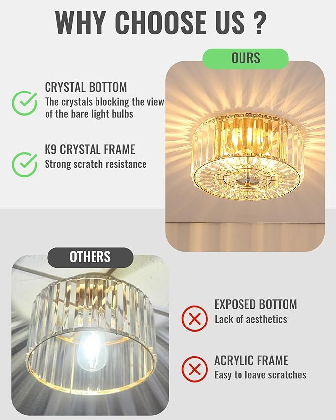 Gold Crystal Ceiling Light, 11.8" Semi Flush Mount Ceiling Light, 2-Lights Hallway Lighting Fixtures Crystal Chandelier Gold Bedroom Chandelier for Entryway Bathroom Foyer, E26 Socket