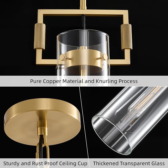 Modern Gold Glass Pendant Light: Knurled Brass Pendant Lights Kitchen Island Set of 2 - Minimalist Pendants Lighting Fixtures with Long Tube - Dimmable Hanging Light Fixture over Table Bulb included
