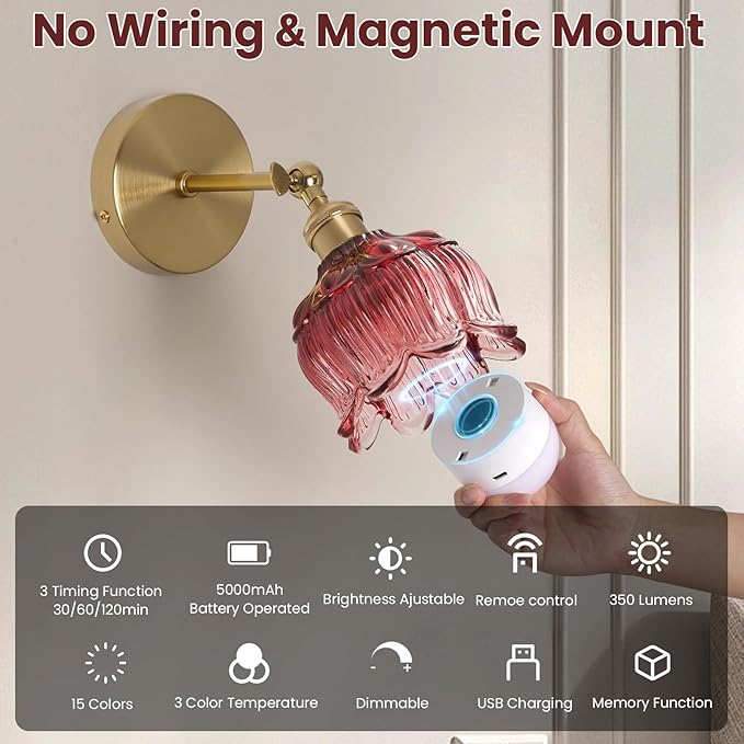 Vintage Battery Operated Wall Sconce - Set of 2 Rose Red Flower Glass Cordless Mounted Lighting - 5000mAh Rechargeable Dimmable Wireless Powered Light Sconces with Remote Control for Bedroom Bedside