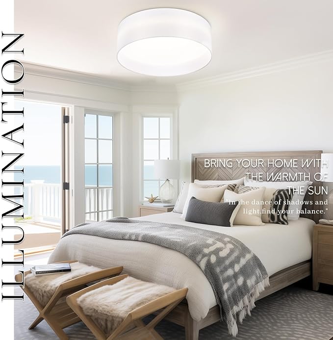 Hamilyeah Flush Mount Ceiling Light with White Fabric Shade, 24W LED Ceiling Light Fixture 12 inch, Modern Bedroom Light Fixture Ceiling Mount, Drum Ceiling Lighting Fixture Dimmable 5CCT for Bathroom