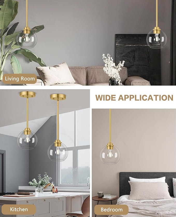 Gold Pendant Light Fixtures 2 Pack, Globe Pendant Lights with Clear Glass Shade,Pendant Lights Kitchen Island, Kitchen Pendant Lighting Over Island, Hanging Lights for Kitchen Island