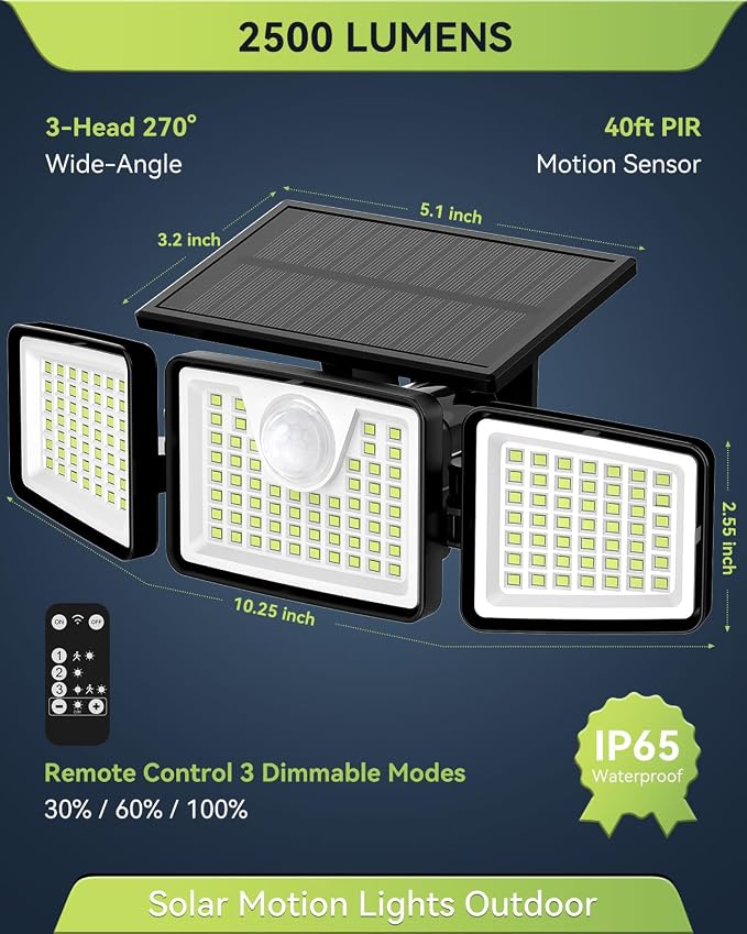 daphino 2500LM Solar Lights Outdoor with Motion Sensor,3 Head 270° Wide Angle Street Area Lights,IP65 Waterproof Security Lighting with 3 Modes(Remote,8 Pcs)