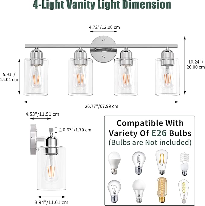 Espird Bathroom Vanity Light Fixtures Polished Chrome,4 Lights Rustic Farmhouse Vanity Bar Lighting Over Mirror Modern Industrial Wall Sconces Lamp with Cylinder Glass Shade