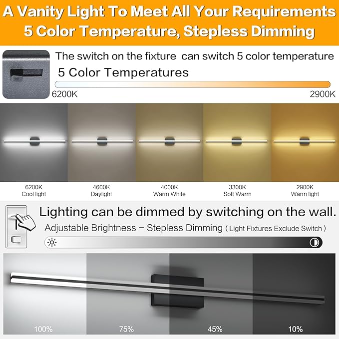 SOLFART Bathroom Vanity Lights Over Mirror Dimmable 48 Inch Matte Black Bathroom Light Fixtures 5CCT 30W Vanity Lighting Fixtures