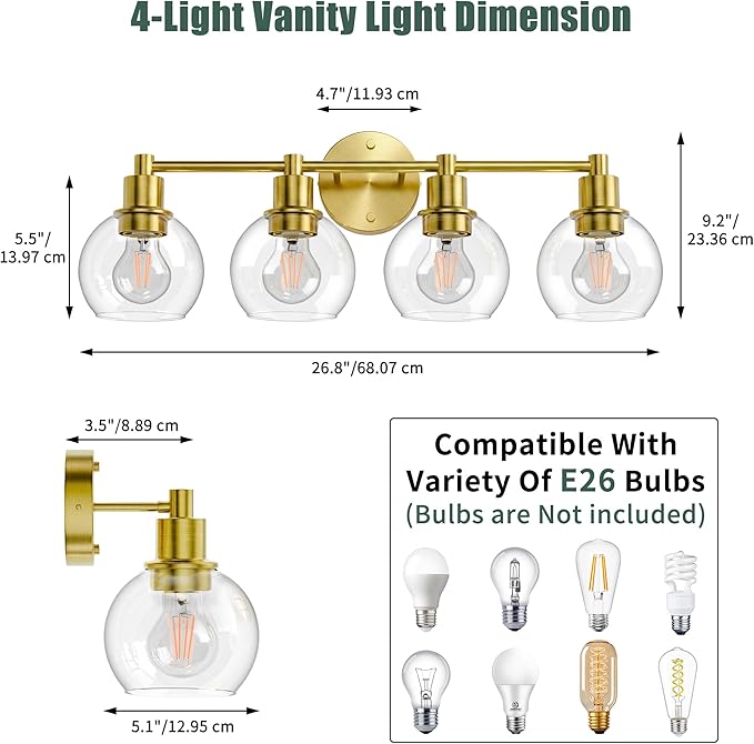 Espird 4 Light Bathroom Light Fixtures, Brushed Brass Bathroom Vanity Lights, Modern Vanity Lights 4-Light Globe Bathroom Vanity Lighting Fixture Over Mirror