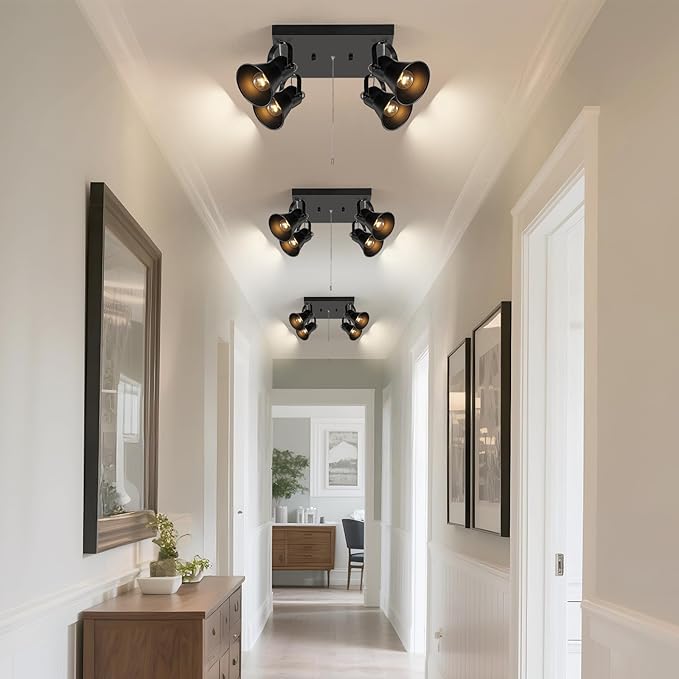 KEESFU 4-Light Square Ceiling Light Fixture with Pull Chain Switch, Black Adjustable Track Lighting,Flush Mount Directional Ceiling Lamp for Foyer Living Room Bedroom Kitchen Dining Area