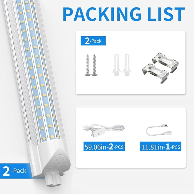 CNSUNWAY LED Shop Light 2FT, 24W 3600LM 6500K Super Bright, T8 Integrated LED Light Fixture, D-Shape, Linkable Utility Shop Lights for Cabinet, Garage, Workbench, Basement, 2 Pack