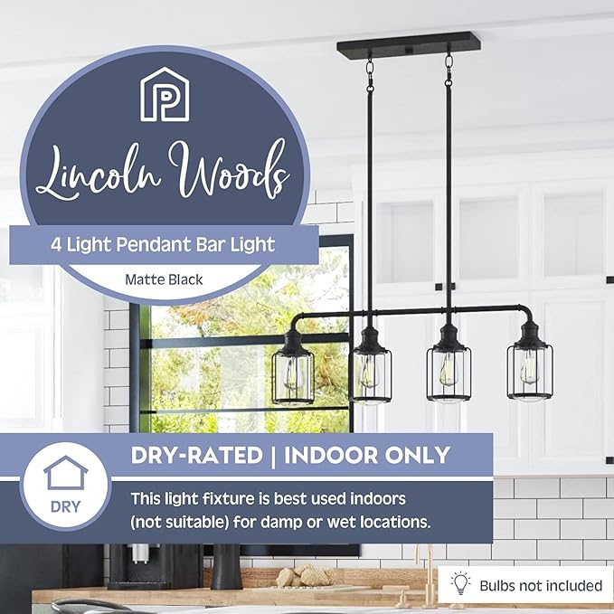 Prominence Home Lincoln Woods 4 Light Matte Black Industrial Kitchen Island, Pendant Light with Cage and Clear Glass - 51547-01