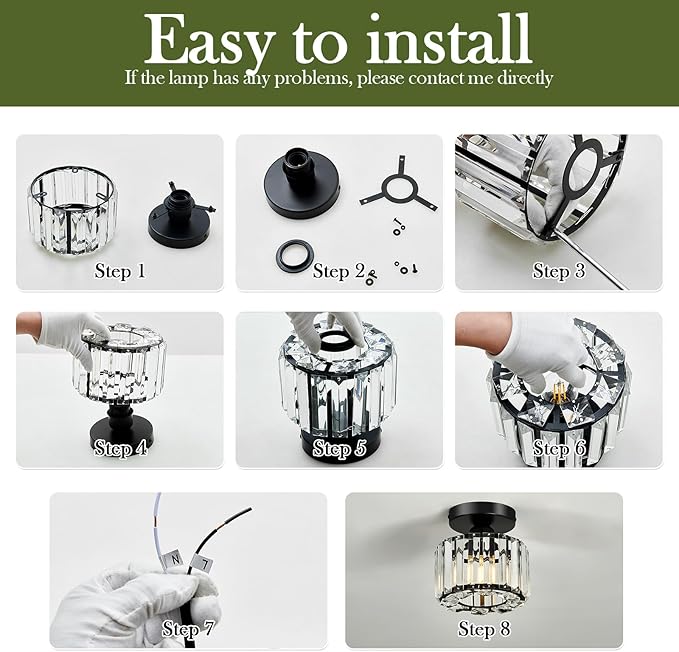 2 Pack Small Crystal Semi Flush Mount Ceiling Light Fixture Modern Black Mini Round Chandelier Metal E26 Ceiling Lamp for Hallway Bathroom Entryway Kitchen Closet