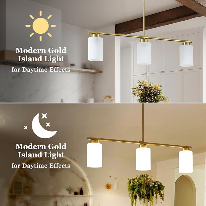 3-Light Gold Kitchen Island Lighting 31" Pendant Light with Milk Glass Shade Adjustable Height Linear Chandelier for Dining Room Modern Farmhouse Light Fixture Over Table Bar Living Room Foyer, E26