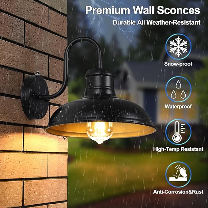 TOBUSA 2-Pack Dusk to Dawn Outdoor Wall Lights, 10’’ Waterproof Farmhouse Gooseneck Outdoor Barn Light, Anti-Rust Vintage Black&Gold Outside Wall Sconce Lights for House Porch Garage