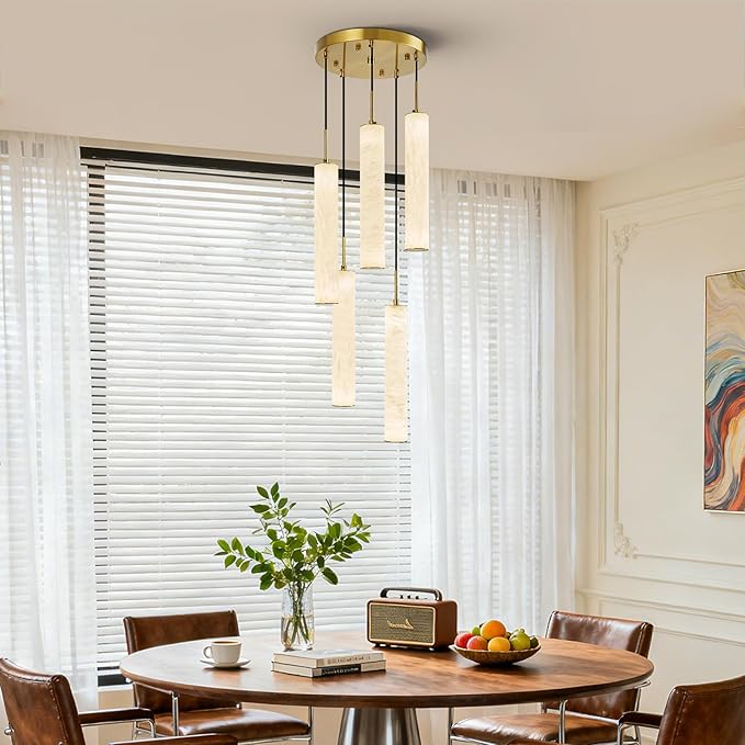 LMQNINE Natural Alabaster Pendant Lights for Kitchen Island White Marble Long Tube Chandelier 4000K Modern Gold Ceiling Light Fixtures for Bedroom Dining Room Table Living Room Hallway(M-5Light)