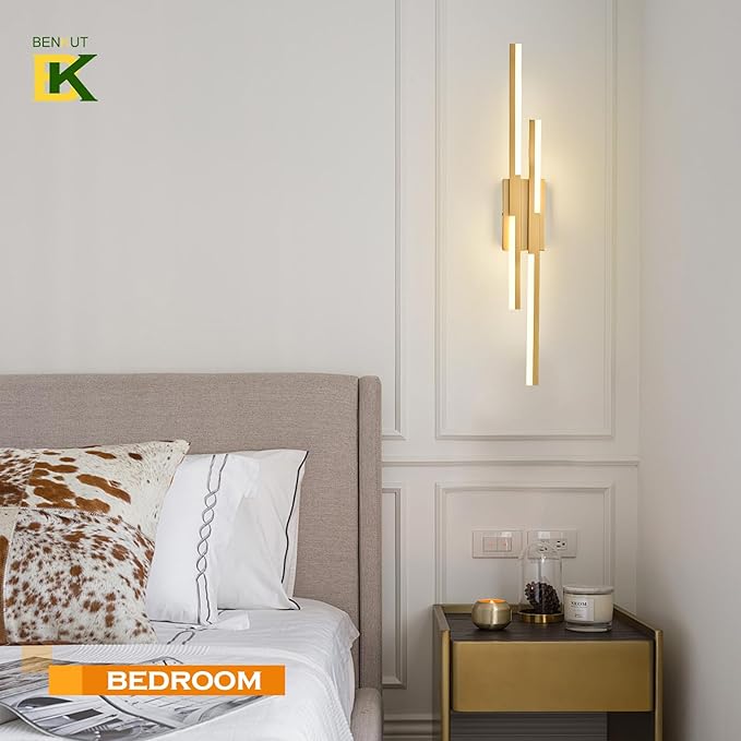 Benkut Modern LED Wall Sconce Gold Remote Wall Light Fixtures for Bathroom, Dimmable Vanity Light Indoor LED Remote Wall Sconce for Living Dining Room Bedside Bedroom (3000-6500K 35.4inch)