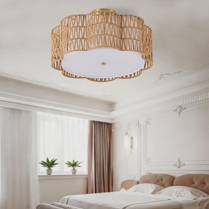 17.7" Rattan Ceiling Light Flush Mount, 3-Light Boho Close to Ceiling Light Fixtures, Rattan Bedroom Ceiling Light Farmhouse Large Drum Chandelier for Dining Room Kitchen Hallway(3-Tier Yellow)