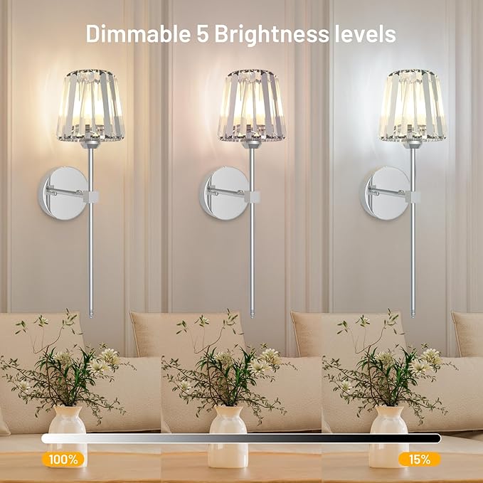 Crystal Battery Operated Wall Sconces Set of 2, Chrome Rechargeable Wireless Wall Lights with Crystal Lampshade, 12 RGB and 3CCT Dimmable Wall Lamps with Remote for Bedroom Living Room Hallway