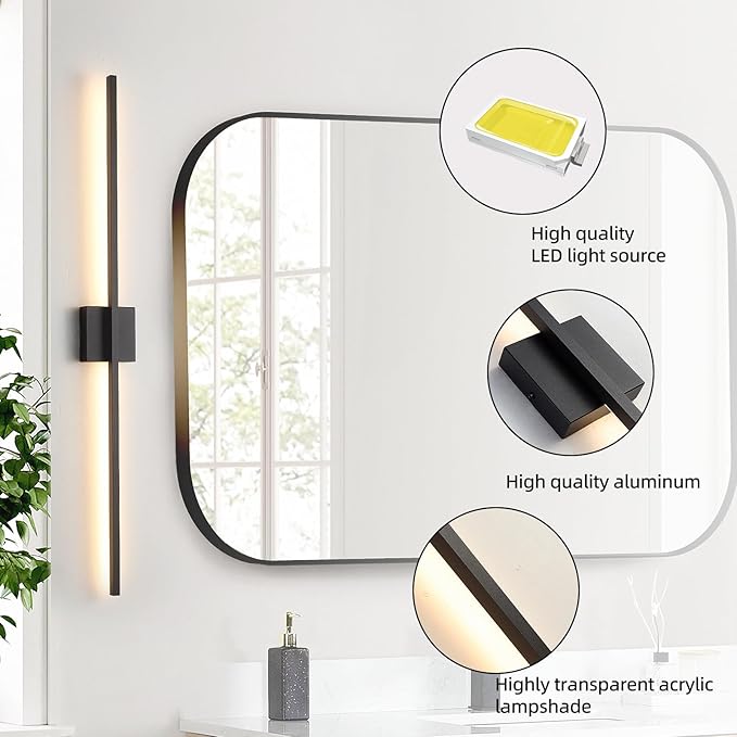 Wall Sconces Set of Two, Black Modern Wall Sconce Light for Bathroom, Living Room, Bedroom, Hardwired 3000K 40''