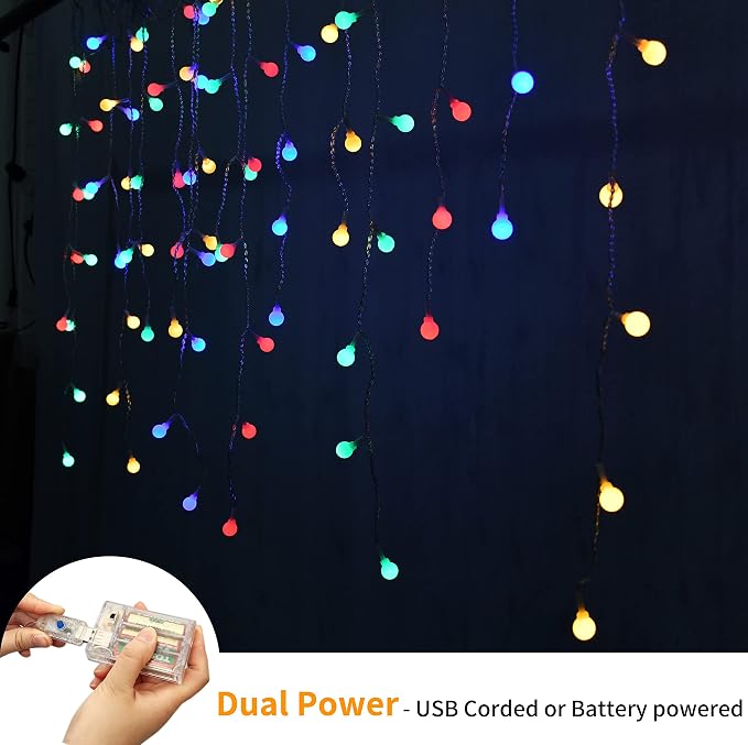 YOLIGHT Fairy Curtain Lights, USB/Battery Powered Ball Icicle Light 13ft 96 LED Globe String Hanging Lights for Bedroom Dorm Wedding Party Christmas Decoration (Multi-Colored)