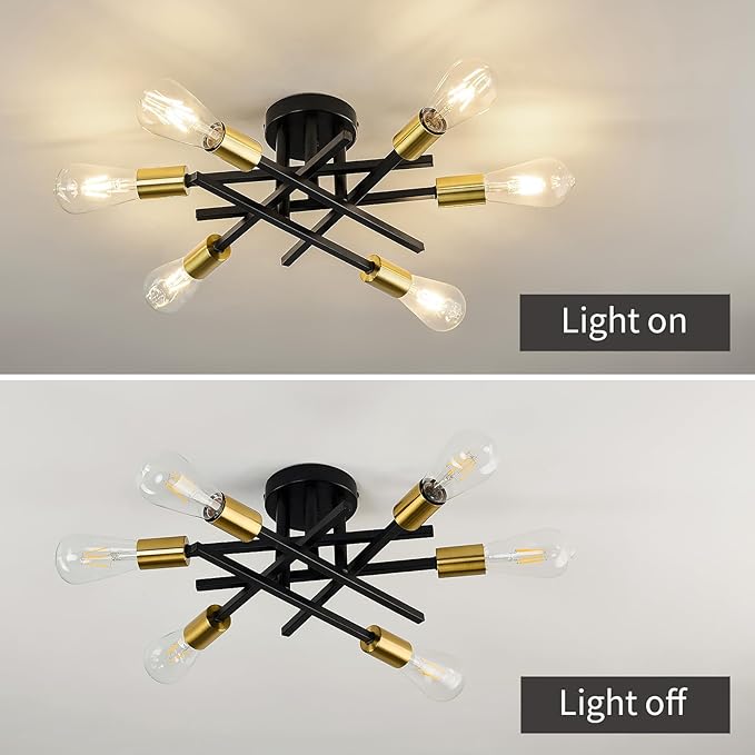 ASGYISA 6-Lights Sputnik Semi Flush Mount Ceiling Light Fixture Modern Metal Black and Gold Chandeliers with E26 Bulb Base Close to Ceiling Light for Kitchen Dining Room Living Room Hallway Bedroom