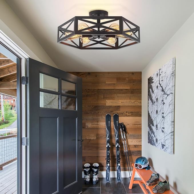 Semi Flush Mount Ceiling Light, Black Large 6-Light Fixtures Ceiling Mount with Hexagon Cage, Metal Industrial Close to Ceiling Light for Hallway, Kitchen, Bedroom (Black, 19.68''L)