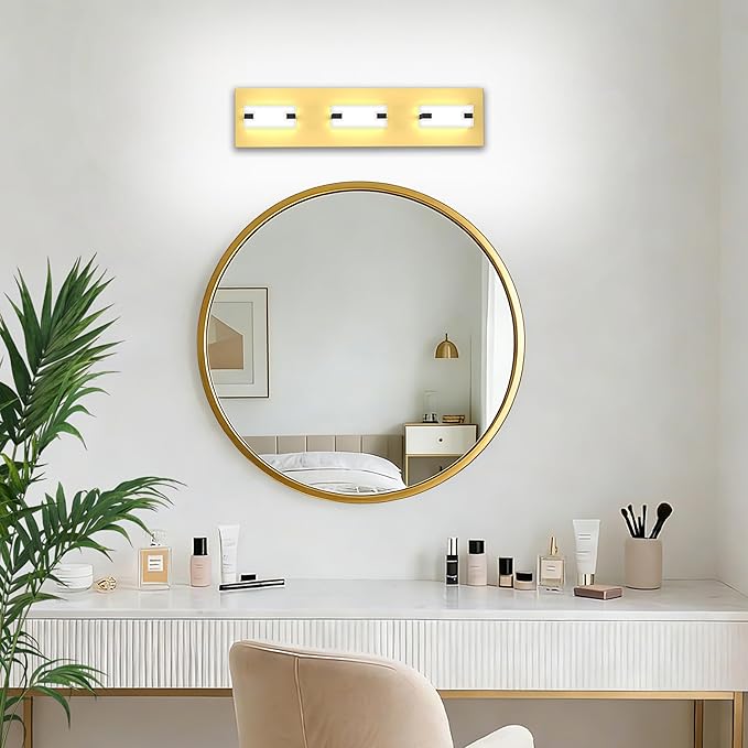 LED Bathroom Light Fixtures, 3-Light Modern Vanity Lights with Milky White Frosted Acrylic Shades, Gold Bathroom Lighting fixtures Over Mirror, ETL Listed, 20W (Cool White 5700K)