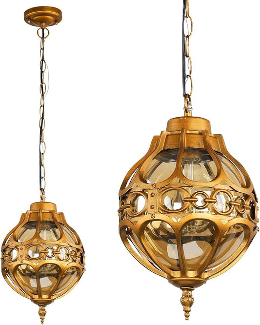 Globe Outdoor Pendant Lights,Vintage Exterior Hanging Pendant Light Fixtures with Adjustable Chain, Aluminum Brass Outdoor Chandelier for Porch, Gazebo, Entryway,No Sensor,General