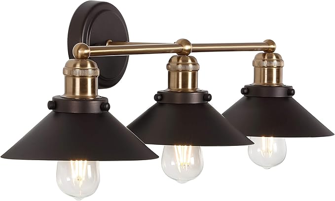 JONATHAN Y 26.5" Oil Rubbed Bronze/Brass Gold 3-Light Industrial Farmhouse Metal Vanity Light Wall Sconce, Metal Shade for Bathroom Mirror, Kitchen, Entryway, LED Bulb Included (JYL7428C)